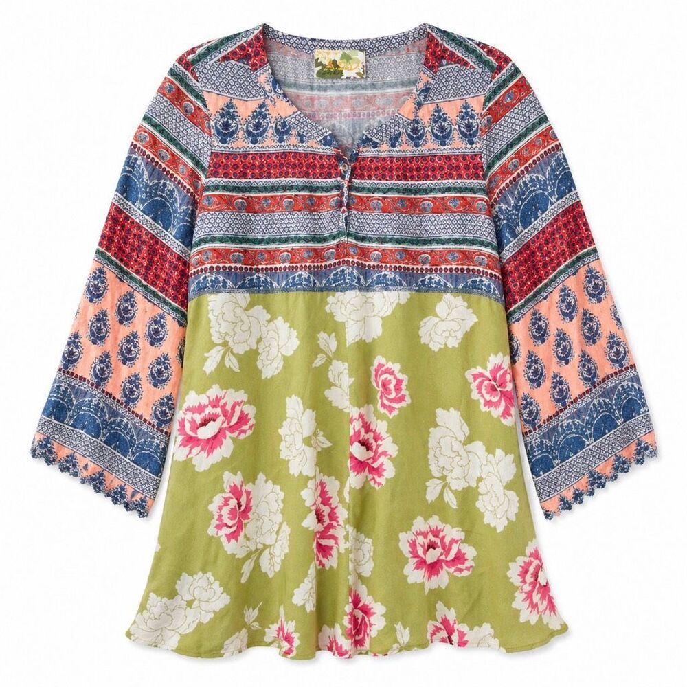Silk Boho Tunic Top Floral Colorblock Peasant Blouse Flowy 2X